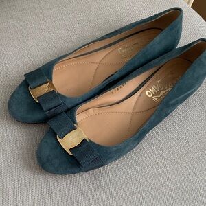 Salvatore Ferragamo Teal Suede Vara Bow Flats with Gold Accent